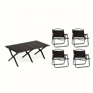 Black - 4 Folding Chairs 1 Omelette Table Set Outdoor Folding Chair Set - 4pcs Set with Manual Seat Back Cross Back Metal Chair, Portable and Easy to Clean, Very Suitable for Camping and Terrace Use Including 1 Folding Table - Durable Outdoor Furniture Kit